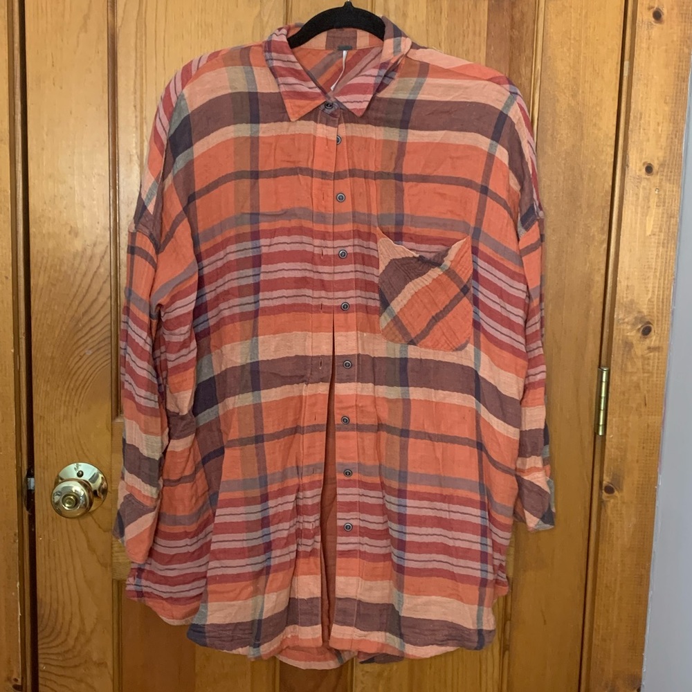 Free people soft plaid button down shirt orange tunic